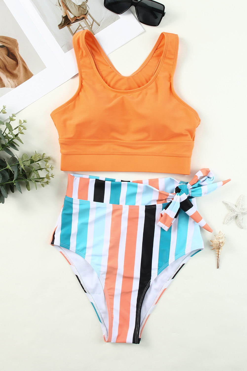 LC433055-1014-S, LC433055-1014-M, LC433055-1014-L, LC433055-1014-XL, Orange Floral Printed Lace Up Two Piece Swimsuit High Waisted Bottom Bikini Set
