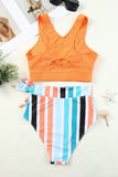 LC433055-1014-S, LC433055-1014-M, LC433055-1014-L, LC433055-1014-XL, Orange Floral Printed Lace Up Two Piece Swimsuit High Waisted Bottom Bikini Set