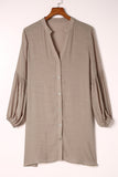 LC2552553-16-S, LC2552553-16-M, LC2552553-16-L, LC2552553-16-XL, LC2552553-16-2XL, Khaki Womens Long Sleeve Oversized Blouses Tops Button Up Bishop Sleeve Shirt