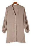 LC2552553-16-S, LC2552553-16-M, LC2552553-16-L, LC2552553-16-XL, LC2552553-16-2XL, Khaki Womens Long Sleeve Oversized Blouses Tops Button Up Bishop Sleeve Shirt