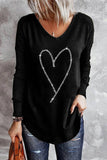 LC25119545-2-S, LC25119545-2-M, LC25119545-2-L, LC25119545-2-XL, LC25119545-2-2XL, Black Womens Heart Print Tees Tops Rhinestone V Neck Long Sleeve Top