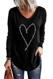 LC25119545-2-S, LC25119545-2-M, LC25119545-2-L, LC25119545-2-XL, LC25119545-2-2XL, Black Womens Heart Print Tees Tops Rhinestone V Neck Long Sleeve Top