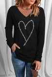 LC25119545-2-S, LC25119545-2-M, LC25119545-2-L, LC25119545-2-XL, LC25119545-2-2XL, Black Womens Heart Print Tees Tops Rhinestone V Neck Long Sleeve Top