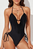 LC443432-2-S, LC443432-2-M, LC443432-2-L, LC443432-2-XL, LC443432-2-2XL, Black Tassel One Piece Swimsuits for Women Halter Backless Sexy Swimwear