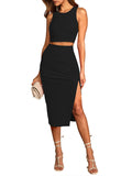 LC6114044-2-S, LC6114044-2-M, LC6114044-2-L, LC6114044-2-XL, Black Women's Sexy Bodycon Dress Ribbed Tank Top Slim Party Cocktail Midi Skirt 2 Piece Outfits