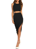 LC6114044-2-S, LC6114044-2-M, LC6114044-2-L, LC6114044-2-XL, Black Women's Sexy Bodycon Dress Ribbed Tank Top Slim Party Cocktail Midi Skirt 2 Piece Outfits