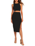 LC6114044-2-S, LC6114044-2-M, LC6114044-2-L, LC6114044-2-XL, Black Women's Sexy Bodycon Dress Ribbed Tank Top Slim Party Cocktail Midi Skirt 2 Piece Outfits