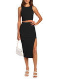 LC6114044-2-S, LC6114044-2-M, LC6114044-2-L, LC6114044-2-XL, Black Women's Sexy Bodycon Dress Ribbed Tank Top Slim Party Cocktail Midi Skirt 2 Piece Outfits