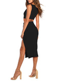 LC6114044-2-S, LC6114044-2-M, LC6114044-2-L, LC6114044-2-XL, Black Women's Sexy Bodycon Dress Ribbed Tank Top Slim Party Cocktail Midi Skirt 2 Piece Outfits