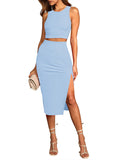 LC6114044-4-S, LC6114044-4-M, LC6114044-4-L, LC6114044-4-XL, Sky Blue Women's Sexy Bodycon Dress Ribbed Tank Top Slim Party Cocktail Midi Skirt 2 Piece Outfits