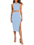 LC6114044-4-S, LC6114044-4-M, LC6114044-4-L, LC6114044-4-XL, Sky Blue Women's Sexy Bodycon Dress Ribbed Tank Top Slim Party Cocktail Midi Skirt 2 Piece Outfits