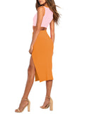 LC6114044-14-S, LC6114044-14-M, LC6114044-14-L, LC6114044-14-XL, Orange Women's Sexy Bodycon Dress Ribbed Tank Top Slim Party Cocktail Midi Skirt 2 Piece Outfits