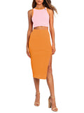 LC6114044-14-S, LC6114044-14-M, LC6114044-14-L, LC6114044-14-XL, Orange Women's Sexy Bodycon Dress Ribbed Tank Top Slim Party Cocktail Midi Skirt 2 Piece Outfits