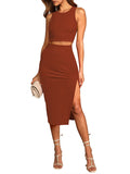 LC6114044-17-S, LC6114044-17-M, LC6114044-17-L, LC6114044-17-XL, Brown Women's Sexy Bodycon Dress Ribbed Tank Top Slim Party Cocktail Midi Skirt 2 Piece Outfits