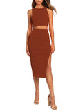 LC6114044-17-S, LC6114044-17-M, LC6114044-17-L, LC6114044-17-XL, Brown Women's Sexy Bodycon Dress Ribbed Tank Top Slim Party Cocktail Midi Skirt 2 Piece Outfits