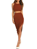 LC6114044-17-S, LC6114044-17-M, LC6114044-17-L, LC6114044-17-XL, Brown Women's Sexy Bodycon Dress Ribbed Tank Top Slim Party Cocktail Midi Skirt 2 Piece Outfits