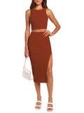 LC6114044-17-S, LC6114044-17-M, LC6114044-17-L, LC6114044-17-XL, Brown Women's Sexy Bodycon Dress Ribbed Tank Top Slim Party Cocktail Midi Skirt 2 Piece Outfits