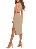 LC6114044-18-S, LC6114044-18-M, LC6114044-18-L, LC6114044-18-XL, Apricot Women's Sexy Bodycon Dress Ribbed Tank Top Slim Party Cocktail Midi Skirt 2 Piece Outfits