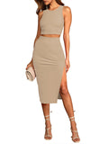 LC6114044-18-S, LC6114044-18-M, LC6114044-18-L, LC6114044-18-XL, Apricot Women's Sexy Bodycon Dress Ribbed Tank Top Slim Party Cocktail Midi Skirt 2 Piece Outfits