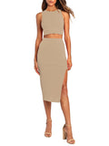 LC6114044-18-S, LC6114044-18-M, LC6114044-18-L, LC6114044-18-XL, Apricot Women's Sexy Bodycon Dress Ribbed Tank Top Slim Party Cocktail Midi Skirt 2 Piece Outfits