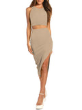 LC6114044-18-S, LC6114044-18-M, LC6114044-18-L, LC6114044-18-XL, Apricot Women's Sexy Bodycon Dress Ribbed Tank Top Slim Party Cocktail Midi Skirt 2 Piece Outfits