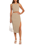 LC6114044-18-S, LC6114044-18-M, LC6114044-18-L, LC6114044-18-XL, Apricot Women's Sexy Bodycon Dress Ribbed Tank Top Slim Party Cocktail Midi Skirt 2 Piece Outfits