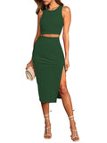 LC6114044-209-S, LC6114044-209-M, LC6114044-209-L, LC6114044-209-XL, Blackish Green Women's Sexy Bodycon Dress Ribbed Tank Top Slim Party Cocktail Midi Skirt 2 Piece Outfits