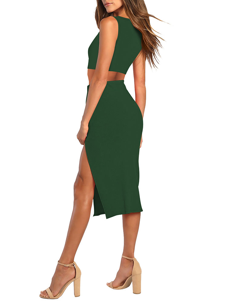 Chic Green Two-Piece Dress - Ribbed Bodycon 2-Piece Dress - Set