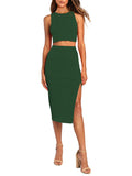 LC6114044-209-S, LC6114044-209-M, LC6114044-209-L, LC6114044-209-XL, Blackish Green Women's Sexy Bodycon Dress Ribbed Tank Top Slim Party Cocktail Midi Skirt 2 Piece Outfits