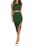 LC6114044-209-S, LC6114044-209-M, LC6114044-209-L, LC6114044-209-XL, Blackish Green Women's Sexy Bodycon Dress Ribbed Tank Top Slim Party Cocktail Midi Skirt 2 Piece Outfits