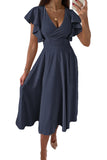LC6110363-105-S, LC6110363-105-M, LC6110363-105-L, LC6110363-105-XL, LC6110363-105-2XL, Blue Womens V Neck Ruffle Sleeve Wrap Dress Midi Dress Cocktail Party Dress