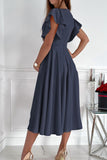 LC6110363-105-S, LC6110363-105-M, LC6110363-105-L, LC6110363-105-XL, LC6110363-105-2XL, Blue Womens V Neck Ruffle Sleeve Wrap Dress Midi Dress Cocktail Party Dress