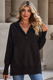 LC25311926-2-S, LC25311926-2-M, LC25311926-2-L, LC25311926-2-XL, LC25311926-2-2XL, Black Batwing Sleeve Pocketed Henley Hoodie