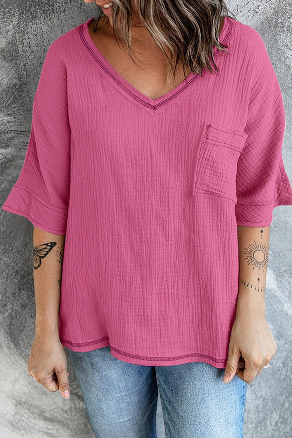 LC25112185-1010-S, LC25112185-1010-M, LC25112185-1010-L, LC25112185-1010-XL, LC25112185-1010-2XL, Pink Women's Casual Short Sleeve T Shirts V Neck Chest Pocket Knit Blouse Top