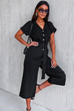 LC643609-2-S, LC643609-2-M, LC643609-2-L, LC643609-2-XL, LC643609-2-2XL, Black Women's Casual Long Pants Romper V Neck Pocketed Jumpsuit