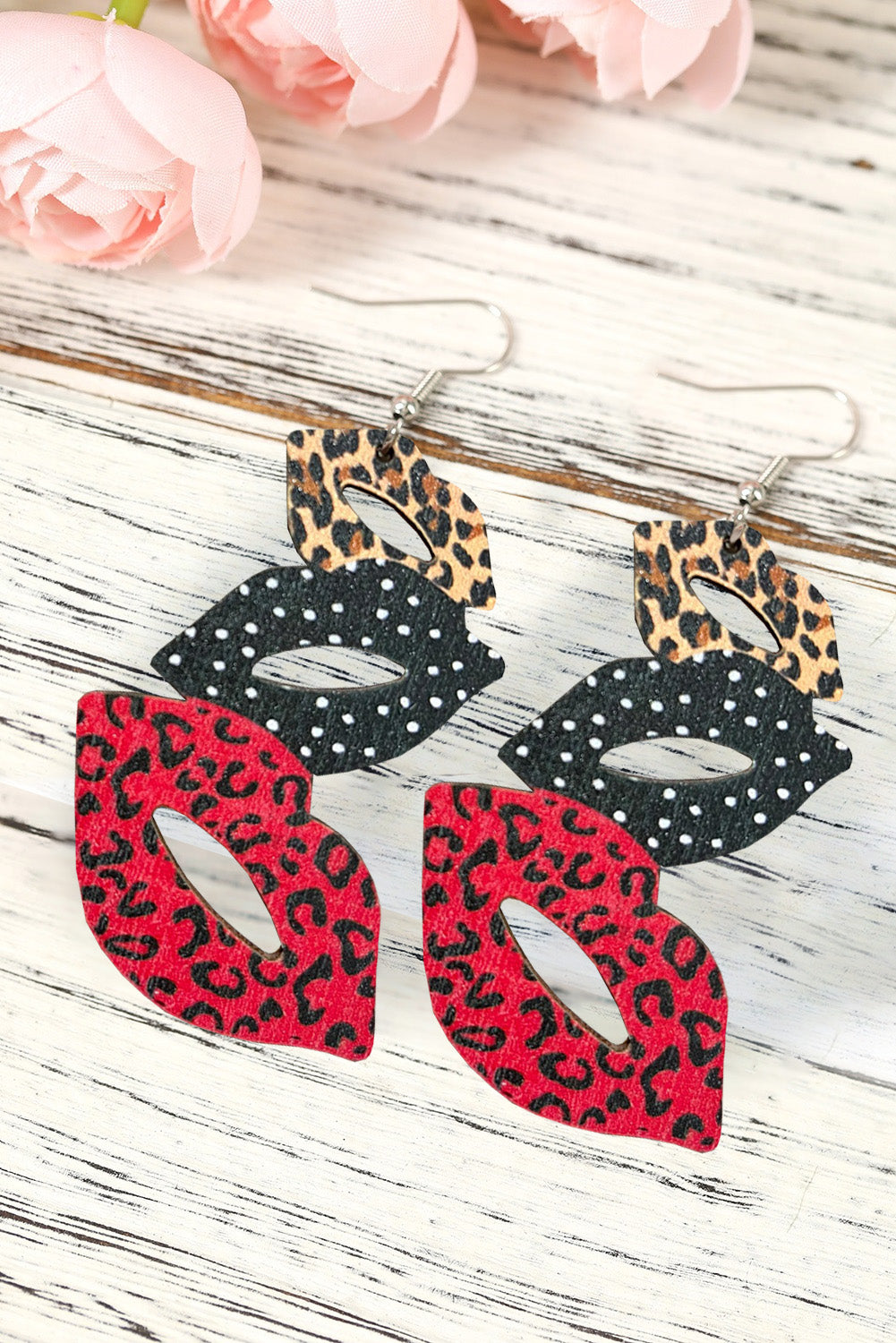 BH012272-3, Red Valentine's Day Earrings Lip Boots Leopard Western Print Earrings for Women