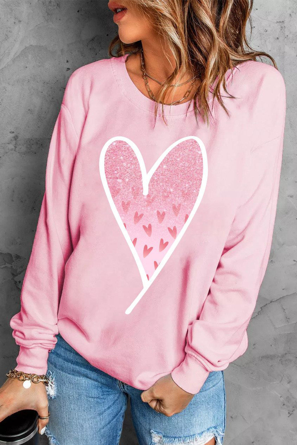 LC25314108-10-S, LC25314108-10-M, LC25314108-10-L, LC25314108-10-XL, LC25314108-10-2XL, Pink Valentines Day Shirts Glitter Heart Graphic Sweatshirt for Women