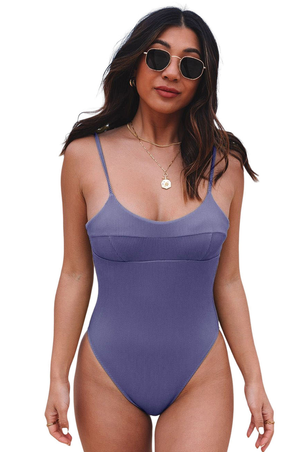 LC443450-5-S, LC443450-5-M, LC443450-5-L, LC443450-5-XL, LC443450-5-2XL, Blue Women One Piece Swimsuit Tassel Tie Straps Ribbed Bathing Suit