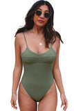 LC443450-109-S, LC443450-109-M, LC443450-109-L, LC443450-109-XL, LC443450-109-2XL, Green Women One Piece Swimsuit Tassel Tie Straps Ribbed Bathing Suit