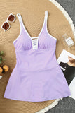 LC443469-8-S, LC443469-8-M, LC443469-8-L, LC443469-8-XL, LC443469-8-2XL, Purple Women's One Piece Swimdress Skirted Strappy V Neck Side Split One-piece Bathing Suit
