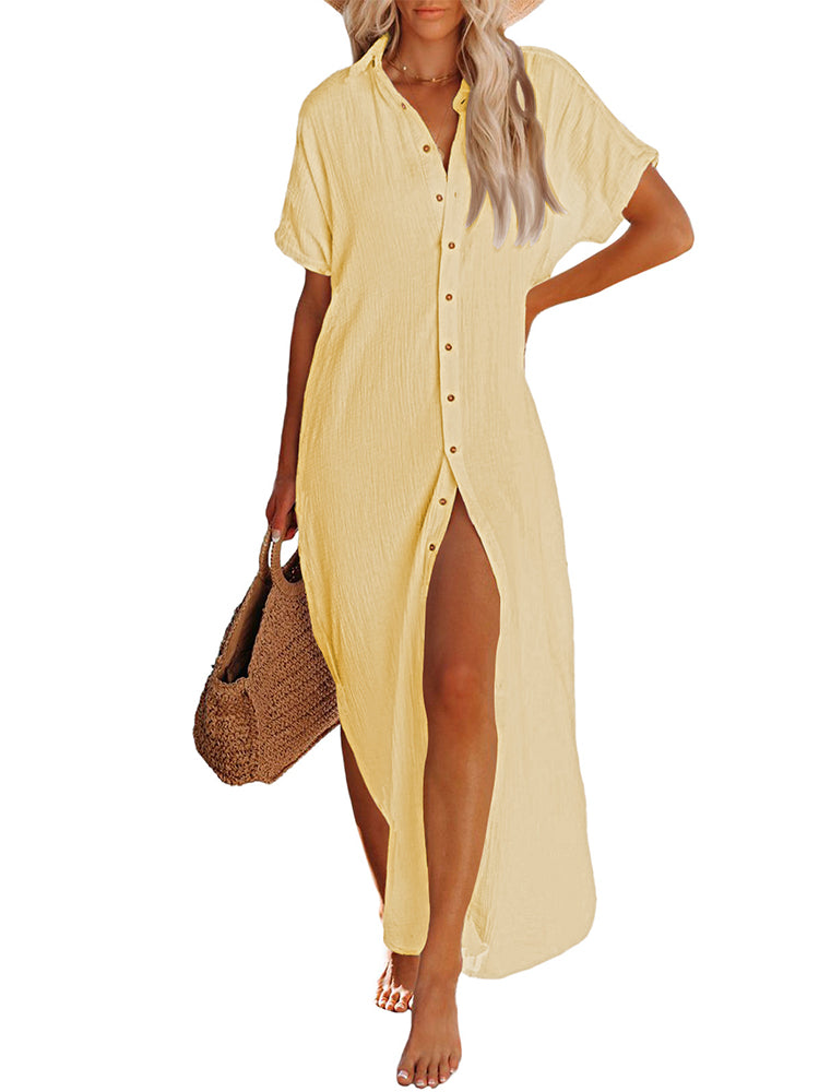LC618591-7-S, LC618591-7-M, LC618591-7-L, LC618591-7-XL, Yellow Women's Cover Up Short Sleeve Button Down Summer Beach Maxi Dress