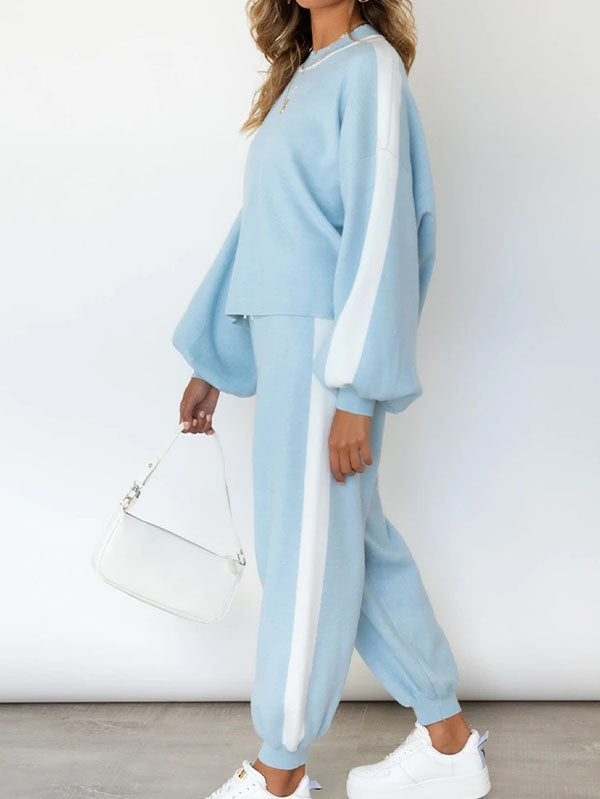 LC622153-4-S, LC622153-4-M, LC622153-4-L, LC622153-4-XL, Sky Blue Women's Two Piece Outfits Striped Sweatshirt Jogger Pants Tracksuit
