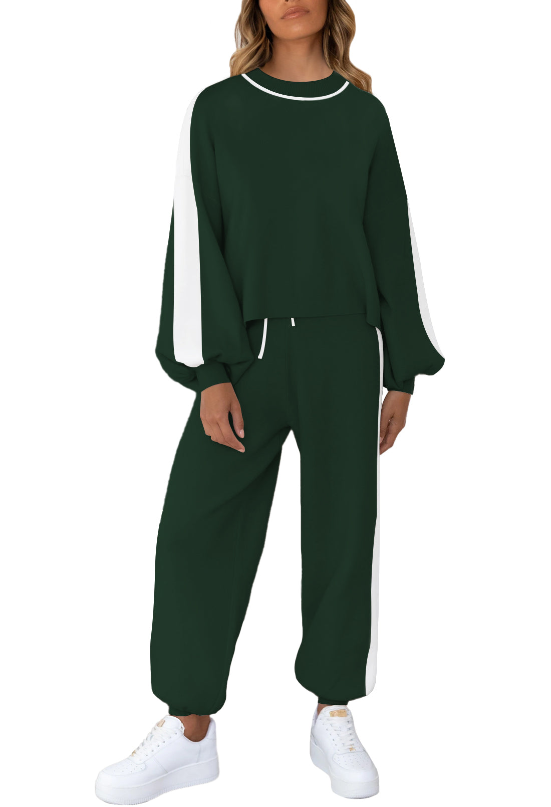 LC622153-109-L, LC622153-109-S, LC622153-109-M, LC622153-109-XL, Blue-green Women's Two Piece Outfits Striped Sweatshirt Jogger Pants Tracksuit