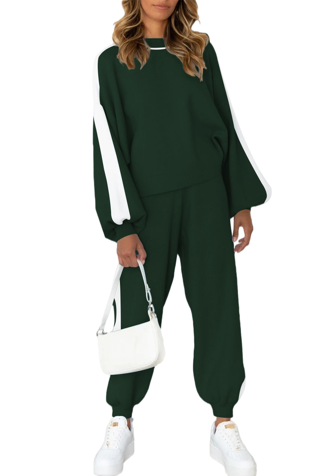 LC622153-109-L, LC622153-109-S, LC622153-109-M, LC622153-109-XL, Blue-green Women's Two Piece Outfits Striped Sweatshirt Jogger Pants Tracksuit