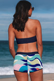 LC433633-5-XS, LC433633-5-S, LC433633-5-M, LC433633-5-L, LC433633-5-XL, Blue Women's Tropical Leaf Print Halter Bikini Swimsuit with Boardshorts
