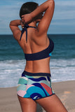 LC433633-5-XS, LC433633-5-S, LC433633-5-M, LC433633-5-L, LC433633-5-XL, Blue Women's Tropical Leaf Print Halter Bikini Swimsuit with Boardshorts