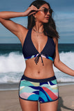 LC433633-5-XS, LC433633-5-S, LC433633-5-M, LC433633-5-L, LC433633-5-XL, Blue Women's Tropical Leaf Print Halter Bikini Swimsuit with Boardshorts