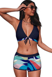 LC433633-5-XS, LC433633-5-S, LC433633-5-M, LC433633-5-L, LC433633-5-XL, Blue Women's Tropical Leaf Print Halter Bikini Swimsuit with Boardshorts