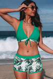 LC433633-9-XS, LC433633-9-S, LC433633-9-M, LC433633-9-L, LC433633-9-XL, Green Women's Tropical Leaf Print Halter Bikini Swimsuit with Boardshorts