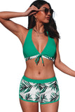 LC433633-9-XS, LC433633-9-S, LC433633-9-M, LC433633-9-L, LC433633-9-XL, Green Women's Tropical Leaf Print Halter Bikini Swimsuit with Boardshorts